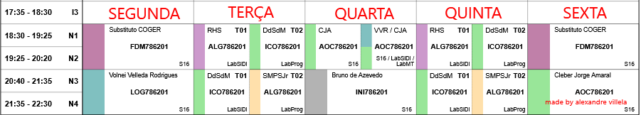 Tabela de horários da 1ª Fase do curso de Análise e Desenvolvimento de Sistemas